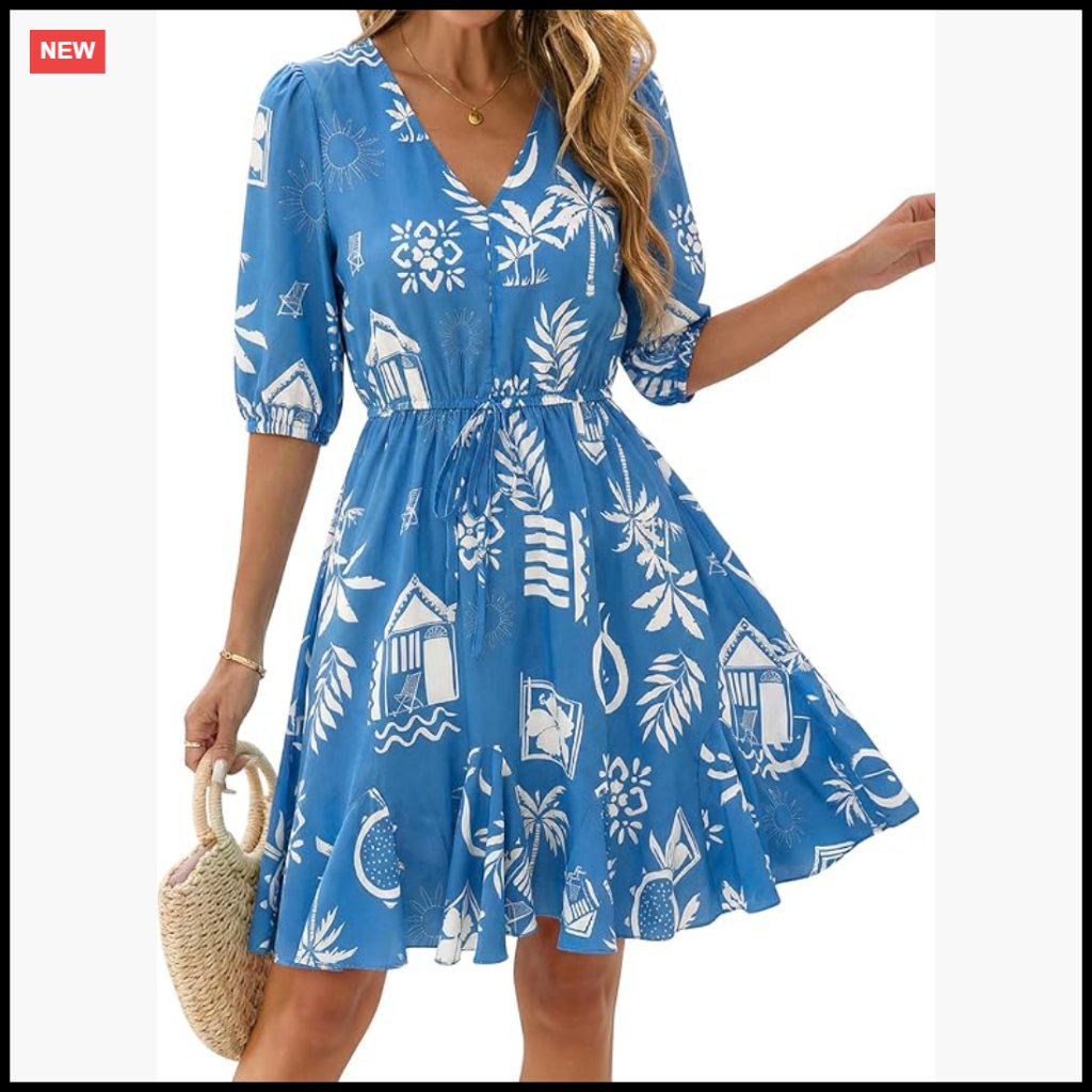 Floral Boho Mini Dress V-Neck Puff Sleeve Ruffle Hem Casual Summer Spring
